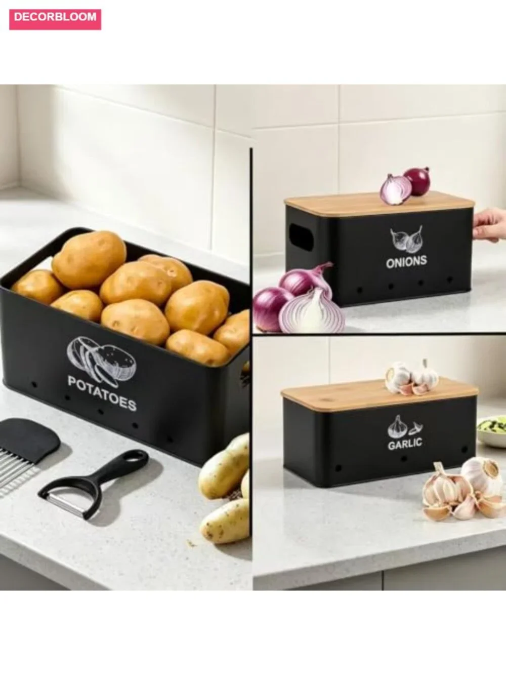 Metal Onion Garlic Potato Storage Set with Bamboo Lids, 3 Canisters with